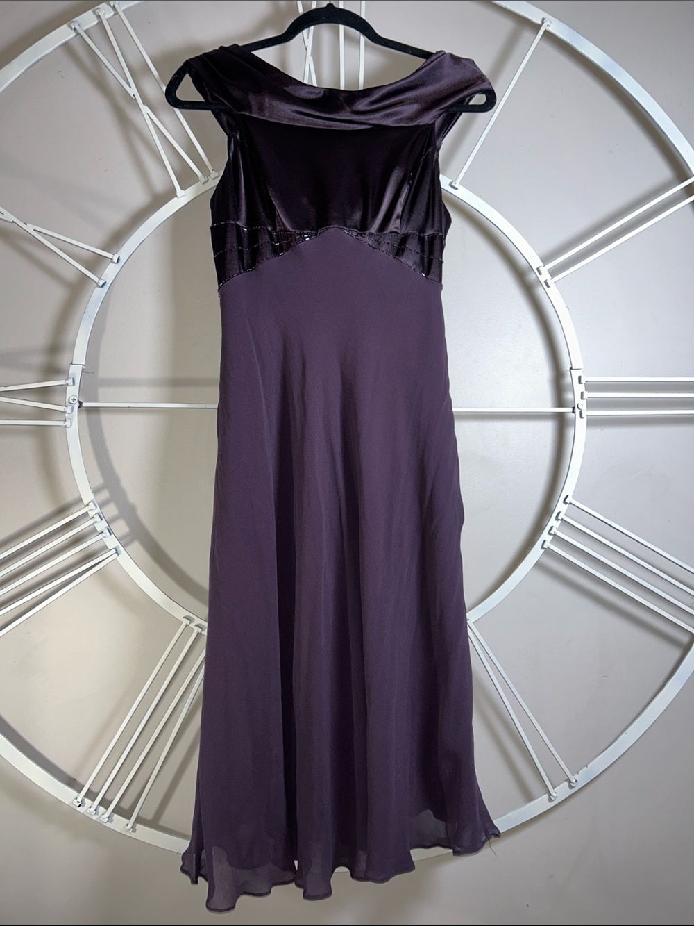 Vintage Adrianna Papell Y2K Plum Purple 100% Silk Chiffon Beaded Midi Gown Dress